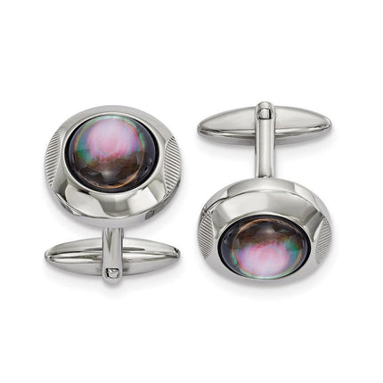 Stainless Steel Polished Round Mother of Pearl Cufflinks ,