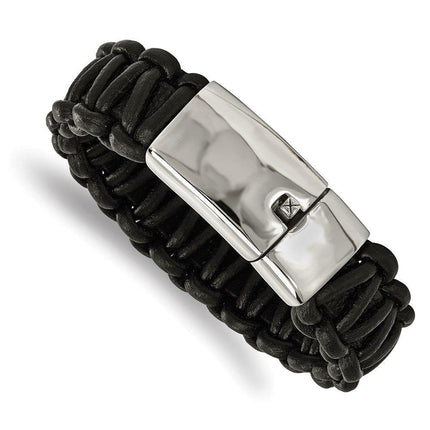 Stainless Steel Polished Rounded Braided Black Leather Bracelet ,