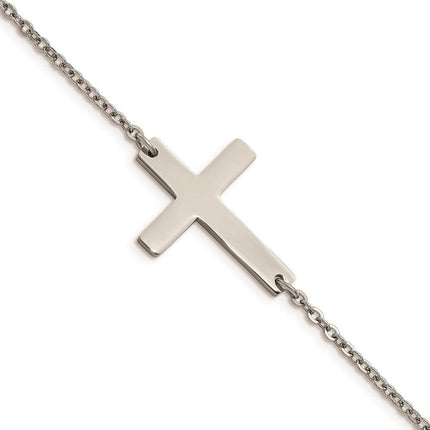 Stainless Steel Polished Sideways Cross 7.25in Bracelet ,