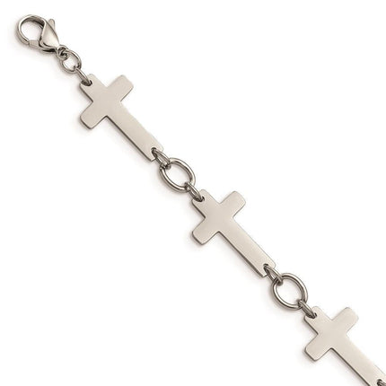 Stainless Steel Polished Sideways Cross 8in Bracelet ,
