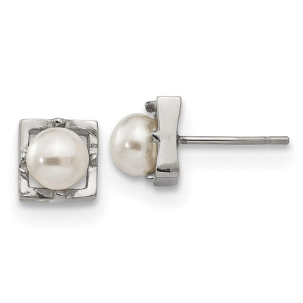 Stainless Steel Polished Simulated Pearl Square Post Earrings ,