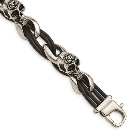 Stainless Steel Polished Skulls/Roses Black Leather Bracelet ,