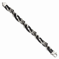 Stainless Steel Polished Skulls/Roses Black Leather Bracelet ,