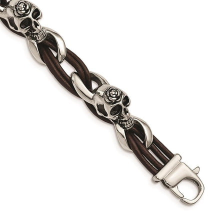 Stainless Steel Polished Skulls/Roses Brown Leather Bracelet ,