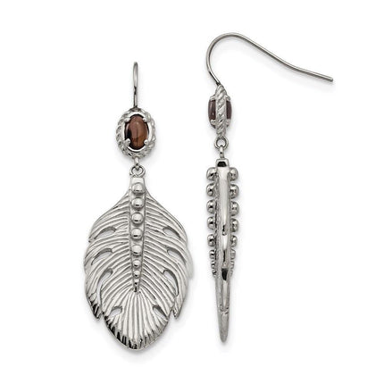 Stainless Steel Polished Smoky Quartz Feather Earrings ,