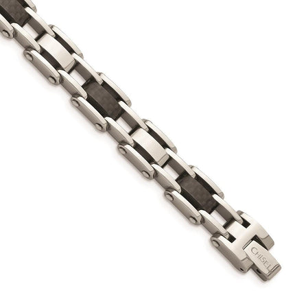 Stainless Steel Polished Solid Black Carbon Fiber Links 8.5in Bracelet ,