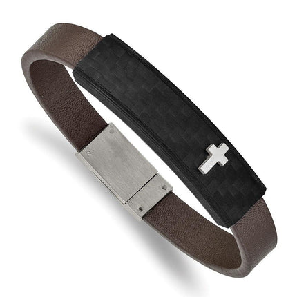 Stainless Steel Polished Solid Carbon Fiber Brown Faux Leather 8in Bracelet ,