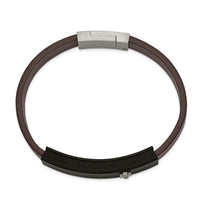Stainless Steel Polished Solid Carbon Fiber Brown Faux Leather 8in Bracelet ,