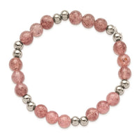 Stainless Steel Polished Strawberry Quartz Beaded Stretch Bracelet ,