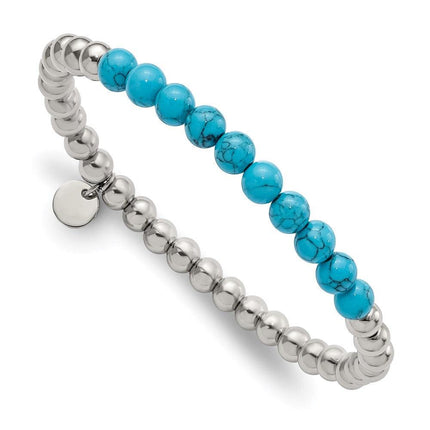Stainless Steel Polished Synthetic Turquoise Beaded Stretch Bracelet ,