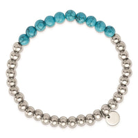 Stainless Steel Polished Synthetic Turquoise Beaded Stretch Bracelet ,