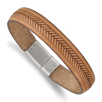 Stainless Steel Polished Tan Italian Leather 8.75in Bracelet ,