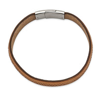 Stainless Steel Polished Tan Italian Leather 8.75in Bracelet ,