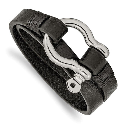 Stainless Steel Polished Textured Black Leather 16in Wrap Shackle Bracelet ,