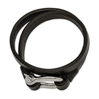 Stainless Steel Polished Textured Black Leather 16in Wrap Shackle Bracelet ,