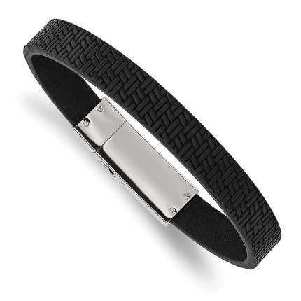 Stainless Steel Polished Textured Black Leather 8.5in Bracelet ,