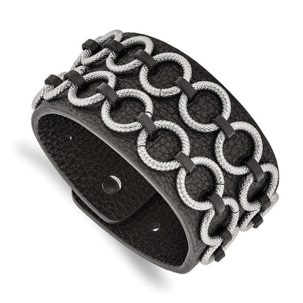 Stainless Steel Polished Textured Black Leather Bracelet ,