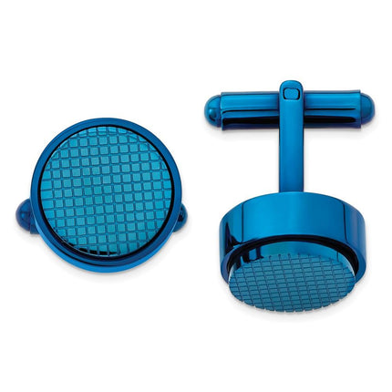 Stainless Steel Polished Textured Blue IP Plated Round Cufflinks ,