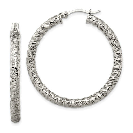 Stainless Steel Polished Textured Hollow Hoop Earrings ,