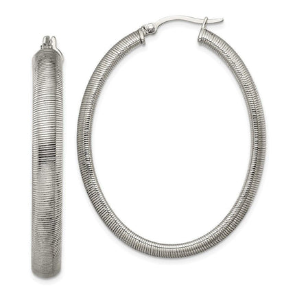 Stainless Steel Polished Textured Oval Hoop Earrings ,