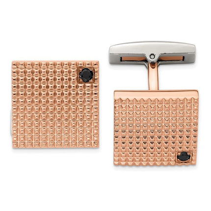Stainless Steel Polished Textured Rose IP Plated Black CZ Cufflinks ,