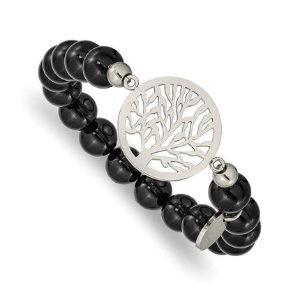 Stainless Steel Polished tree of Life Black Agate Beaded Stretch Bracelet ,