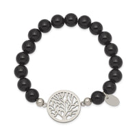 Stainless Steel Polished tree of Life Black Agate Beaded Stretch Bracelet ,