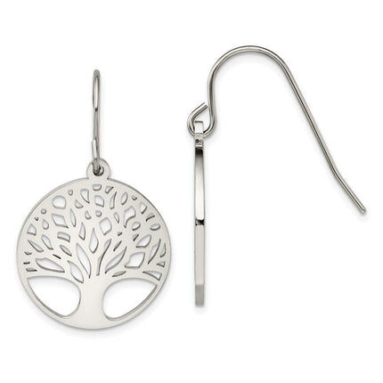 Stainless Steel Polished Tree of Life Cut-out Shepherd Hook Earrings ,