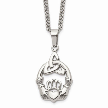 Stainless Steel Polished Trinity Knot and Claddagh Necklace ,
