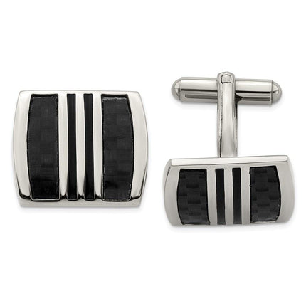 Stainless Steel Polished w/ Black Carbon Fiber Inlay & Enamel Cufflinks ,
