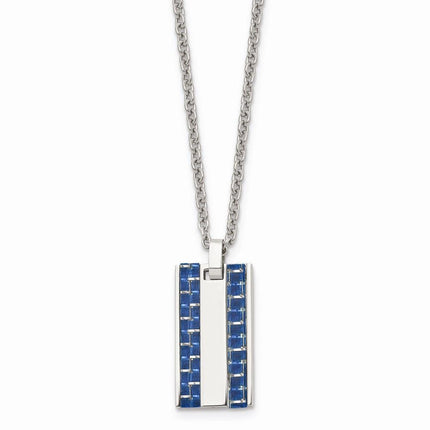 Stainless Steel Polished w/ Blue Carbon Fiber Inlay Small Dogtag Necklace ,