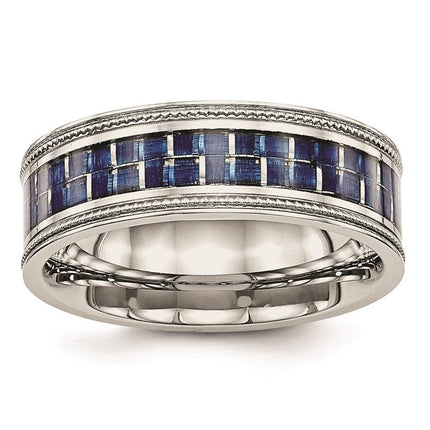 Stainless Steel Polished w/ Blue Carbon Fiber Inlay Textured Edge Ring ,