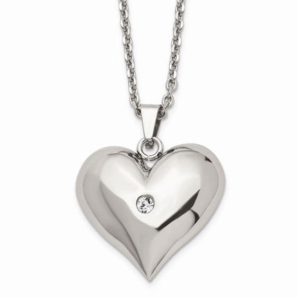 Stainless Steel Polished w/ Crystal Heart Necklace ,