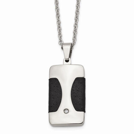 Stainless Steel Polished w/ CZ & Leather Reversible Inlay Necklace ,