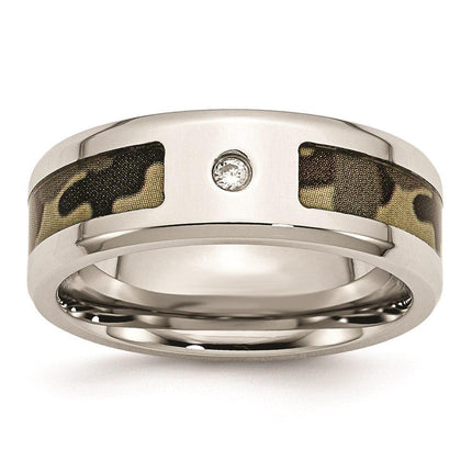 Stainless Steel Polished w/ CZ Printed Brown Camo Under Rubber Band ,