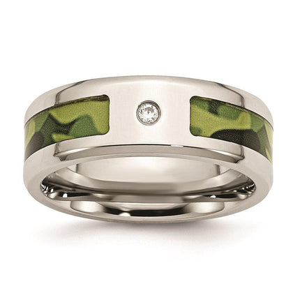 Stainless Steel Polished w/ CZ Printed Green Camo Under Rubber Band ,