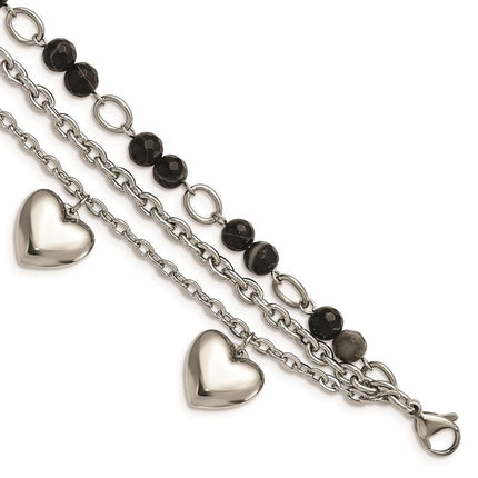 Stainless Steel Polished w/Black & White Agate with Hearts Bracelet ,