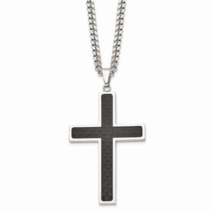 Stainless Steel Polished w/Black Carbon Fiber Cross 24in Necklace ,