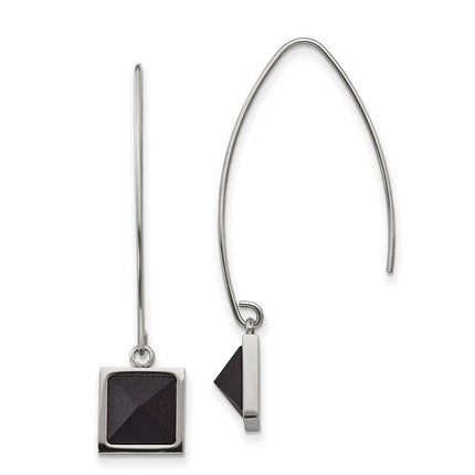 Stainless Steel Polished w/Blk Carbon Fiber Dangle Shepherd Hook Earrings ,