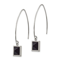 Stainless Steel Polished w/Blk Carbon Fiber Dangle Shepherd Hook Earrings ,