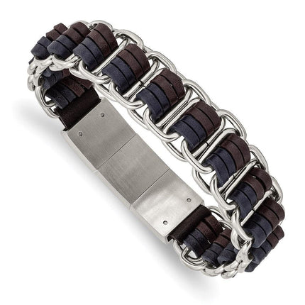 Stainless Steel Polished w/Blue and Brown Leather w/.5in ext 8in Bracelet ,