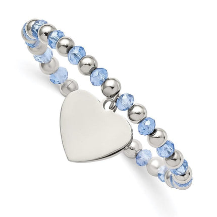 Stainless Steel Polished w/Blue Glass Beads Heart Dangle Stretch Bracelet ,