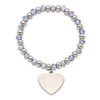 Stainless Steel Polished w/Blue Glass Beads Heart Dangle Stretch Bracelet ,
