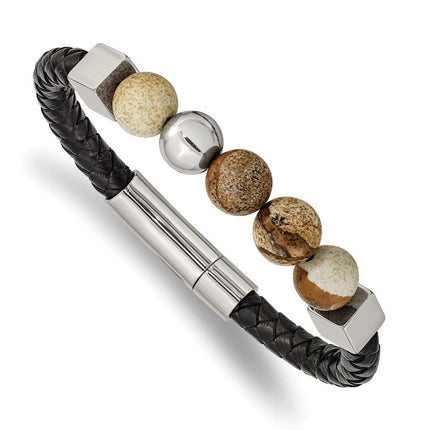 Stainless Steel Polished w/Brown Jasper Black Leather 8in Bracelet ,
