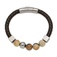 Stainless Steel Polished w/Brown Jasper Black Leather 8in Bracelet ,