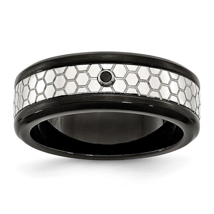 Stainless Steel Polished w/Brushed Black IP-plated 2pt. Diamond 8mm Band ,