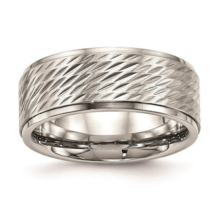 Stainless Steel Polished w/Brushed Center Ridged Edge Diamond Cut Ring ,