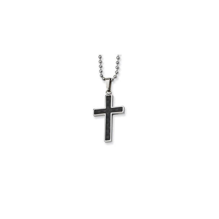 Stainless Steel Polished w/Carbon Fiber Inlay Cross 22in Necklace ,