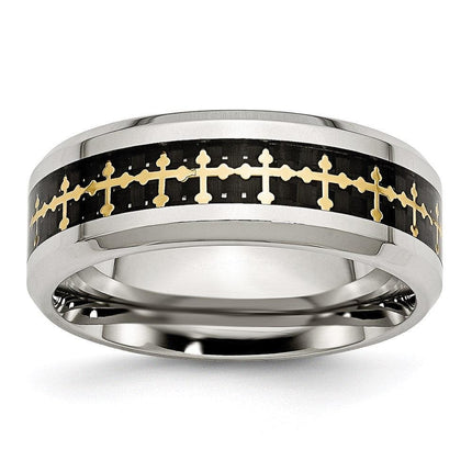 Stainless Steel Polished w/Carbon Fiber Inlay/Yellow IP-plated Cross Ring ,