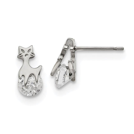 Stainless Steel Polished w/CZ Cat Post Earrings ,